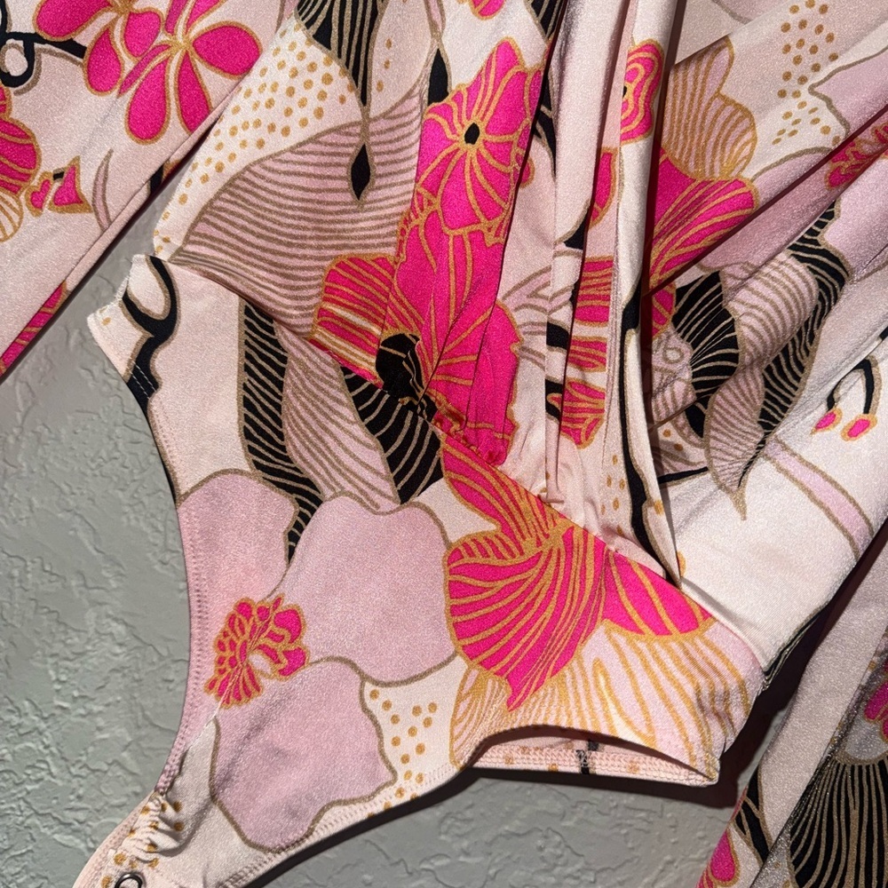 Express Vibrant Pink and Black Floral Bodysuit - Picture 2 of 4